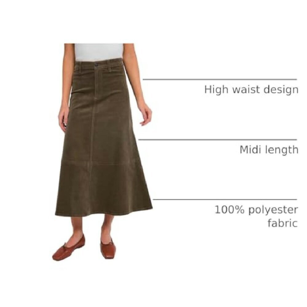 Corduroy Midi Skirt High Waist A-Line Button Front Winter Casual - Picture 5 of 8